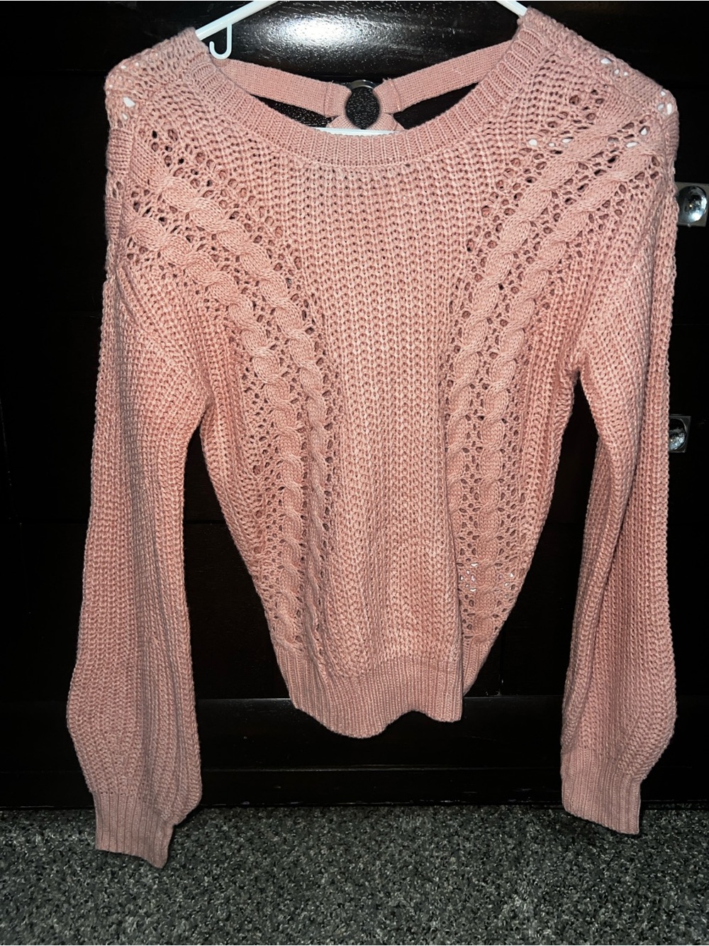 No Boundaries Blush Pink Openwork Cable Crewneck Sweater